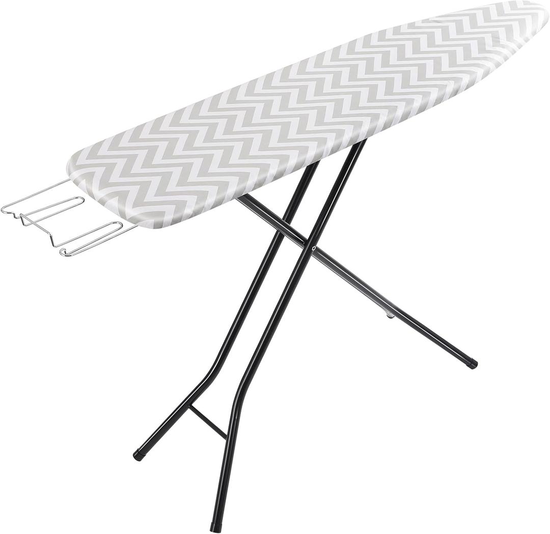 Amazon Basics Height Adjustable Full-Size Foldable Ironing Board, 4-Leg Fold-Up, Chevron Removable Cover, 60" x 14" x 38"