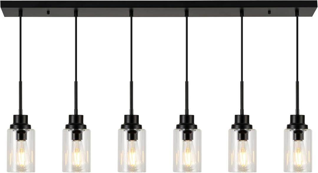6 Lights Island Lights for Kitchen Modern Industrial Black Linear Chandeliers with Clear Glass Shade for Dining Room Kitchen Long Finish Ceiling Lighting Fixtures