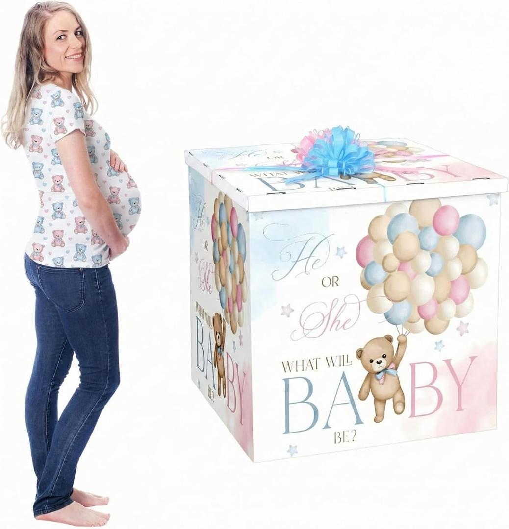 AmazingSpark 28in Jumbo Gender Reveal Gift Box Kit with Oversized Box Giant Pull Bows for Gender Reveal Baby Shower Birthday Party Decor(He or She Bear), 1 Count