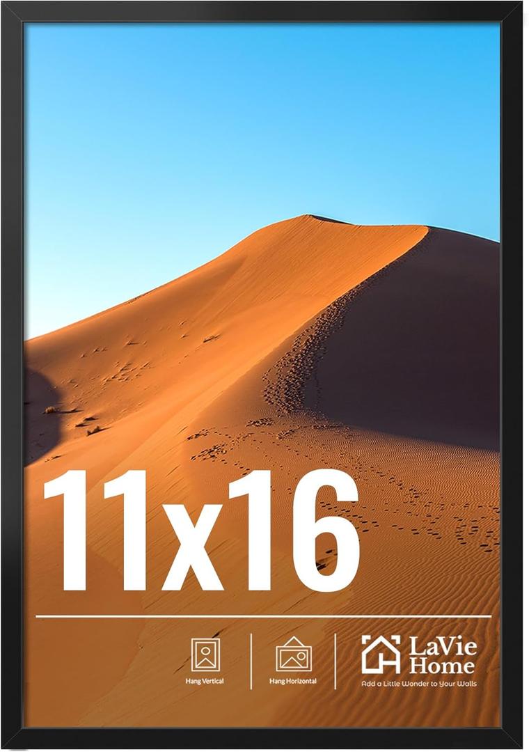 LaVie Home 11x16 Picture Frame for Wall Display, 11x16 Black Picture Frame with HD Plexiglas, 11 x 16 Frame 1 Pack, Display Frame for Vertical or Horizontal, Classic Collection