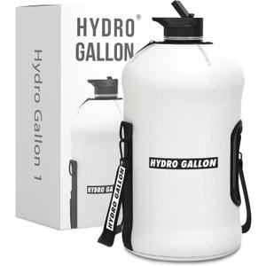 Hydro Gallon - 1 Gallon Water Bottle Jug with Insulated Sleeve and Straw Lid, Handle, Motivational Time Marker, Pocket, Shoulder Strap. Leakproof BPA free Large Big Bottle. 128oz (White)