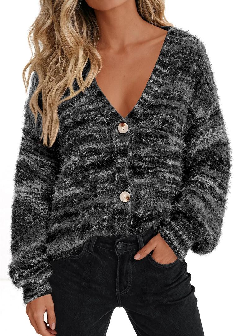 PRETTYGARDEN Womens Cardigan Sweaters Fall Fashion 2026 Striped Long Sleeve Button V Neck Knit Fuzzy Outerwear Winter Clothes (L)
