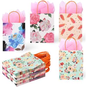 36 Pack Medium Sized Floral Gift Bags with Pink Tissue Paper for Baby Showers, Bridal Showers, Weddings, Mother's Day, Valentines, Birthday Favors, Boutiques, 10x8x4 Inch (4 Assorted Designs)