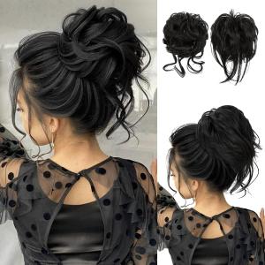 SARLA 2PCS Black Messy Bun Hair Pieces for Women Wavy Curly Synthetic Hairpieces for Updos with Tendrils Fake Scrunchies Ponytail Extension