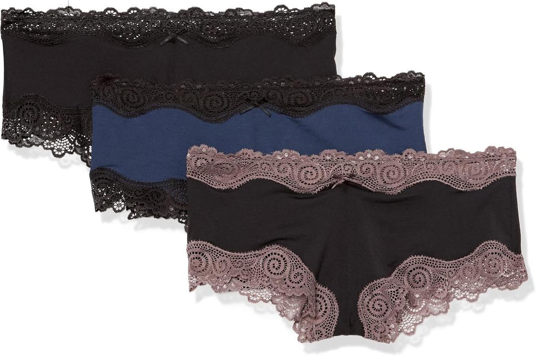Maidenform Women's Hipster Underwear, Low-rise Cheeky Panty, Scalloped Lace Hipster Panty, 3-pack (Medium, Black/Navy Black/Black Rum Raisin)