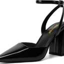 RIBONGZ Block Heels for Women Closed Pointed Toe Heeled Slingback Chunky High Heel Ankle Strap Pumps Patent Leather Comfort Dressy Shoes for Work Party Prom Wedding Bridal Dress (6, Black)