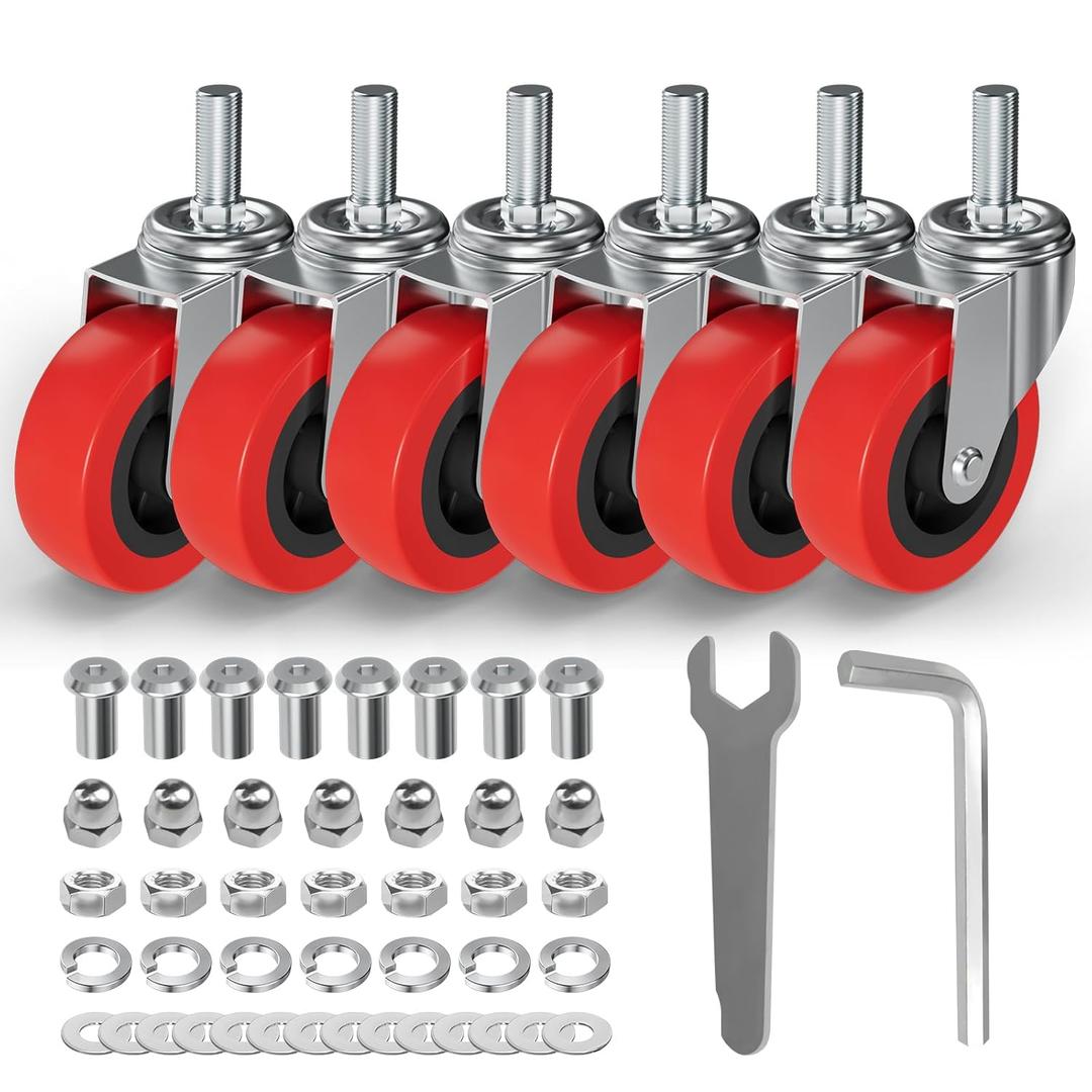 MySit 6 Pack Creeper Wheels 2.5 Inch Heavy Duty Swivel Caster Wheel Creeper Service Cart Stool Post Mount, M10 (Around 3/8") x 1" Metric Threaded Stem Casters Wheels Replacement