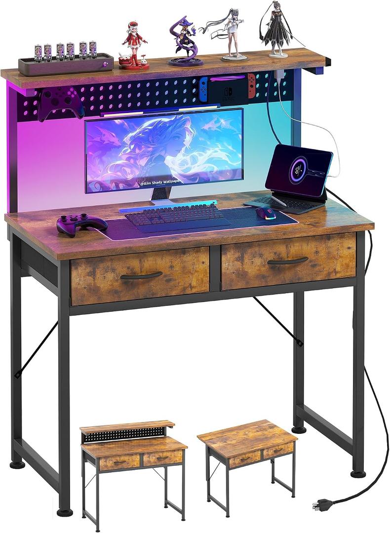 MUTUN Small Desk with Drawers, 31 Inch Computer Desk with Power Outlet & LED Light, Gaming Desk with Adjustable Monitor Stand & Pegboard, Modern PC Study Writing Table for Bedroom, Rustic Brown