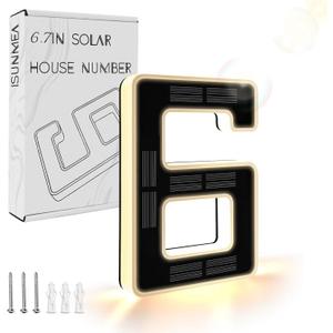 ISUNMEA 6.7 Inch Solar Lighted House Numbers for Outside, Light Up Waterproof LED Address Signs for Houses, Backlit Illuminated Exterior Modern House Numbers Light (6-Black, 6.7IN)
