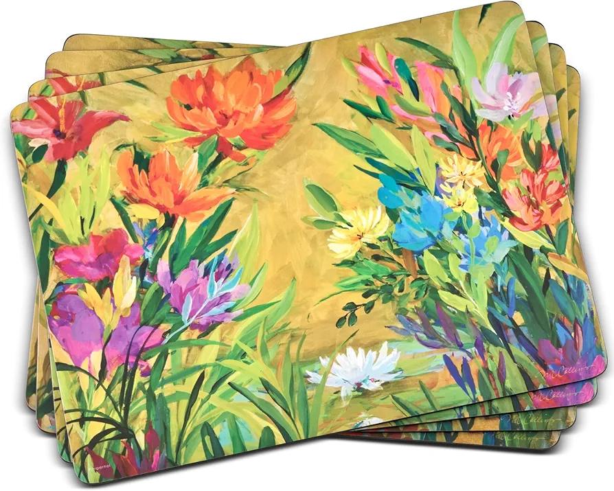 Pimpernel Floral Collection Placemats, Set of 4 – (15.7" x 11.7") Cork-Backed Table Mats with Colorful Botanical Art Prints, Heat & Stain Resistant Lacquered Surface, Decorative Dining