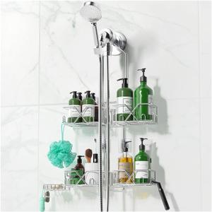 Sewulidon Stainless Steel Shower Caddy Hanging for Handheld Shower Heads,Rustproof Hose Shower Organizer Adjustable Length Shower Rack with 24 Hooks,Razor Holder,Soap Holder (New-Silver)