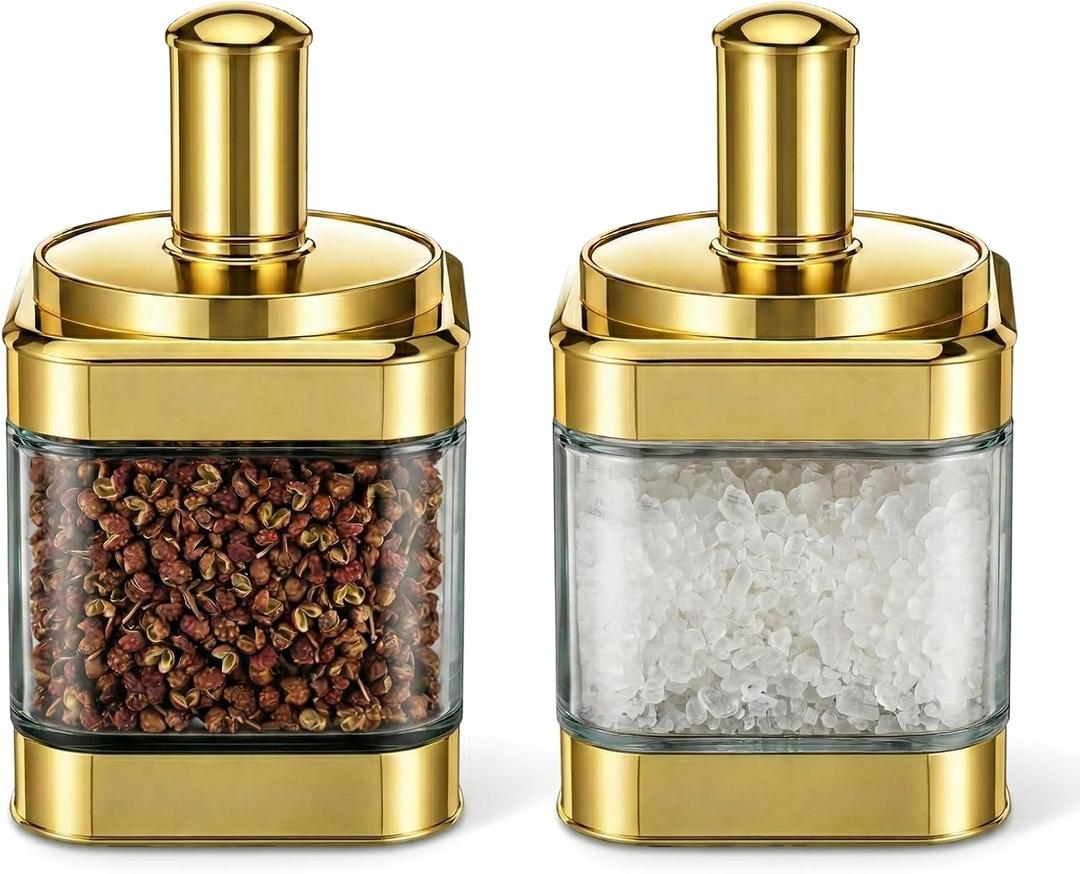 2 Pcs Glass Condiment Pot, Gold Spice Jars with Lids and Spoons Glass Condiment Containers Seasoning Pot Set Salt Box Sugar Dispenser for Kitchen Dining Room Counter Flour Sugar