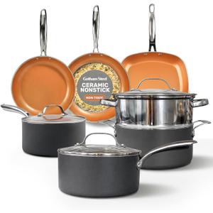 Gotham Steel 12 Pc Ceramic Cookware Set Nonstick, Ceramic Pots and Pans Set Non Stick with Steamer for Cooking, Non Toxic PFOA PFOS Free, Ergonomic Stay Cool Handles, Oven & Dishwasher Safe, Copper, 12 Piece Set