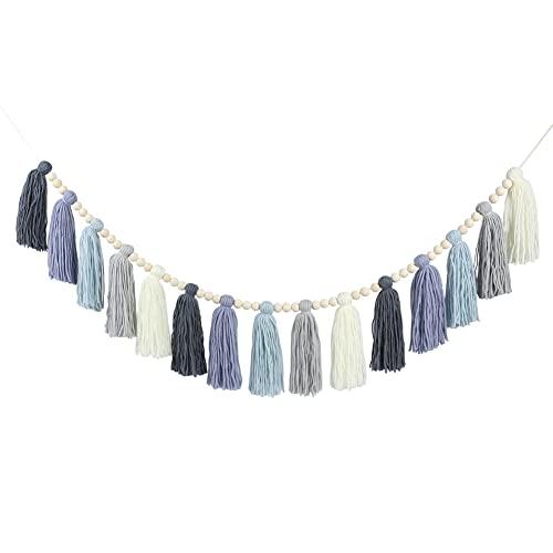 DrCor Coastal Boho Dusty Blue Tassel Garland – Handmade Yarn Banner for Nursery, Classroom, Kids Room, Baby Shower, Spring Party & Blue Boho Wall Decor