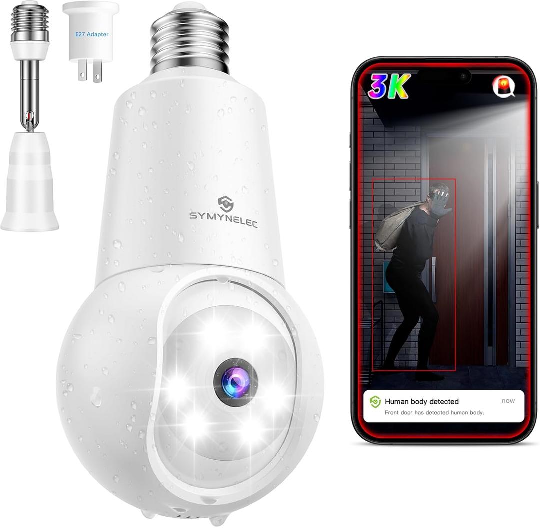 SYMYNELEC Light Bulb Security Camera: 3K Security Camera Wireless Outdoor - AI Human/Vehicle Detection 360 Pan/Tilt Auto Tracking Two-Way Talk Color Night Vision Compatible with Alexa 2.4GHz (3K 1 Pack)