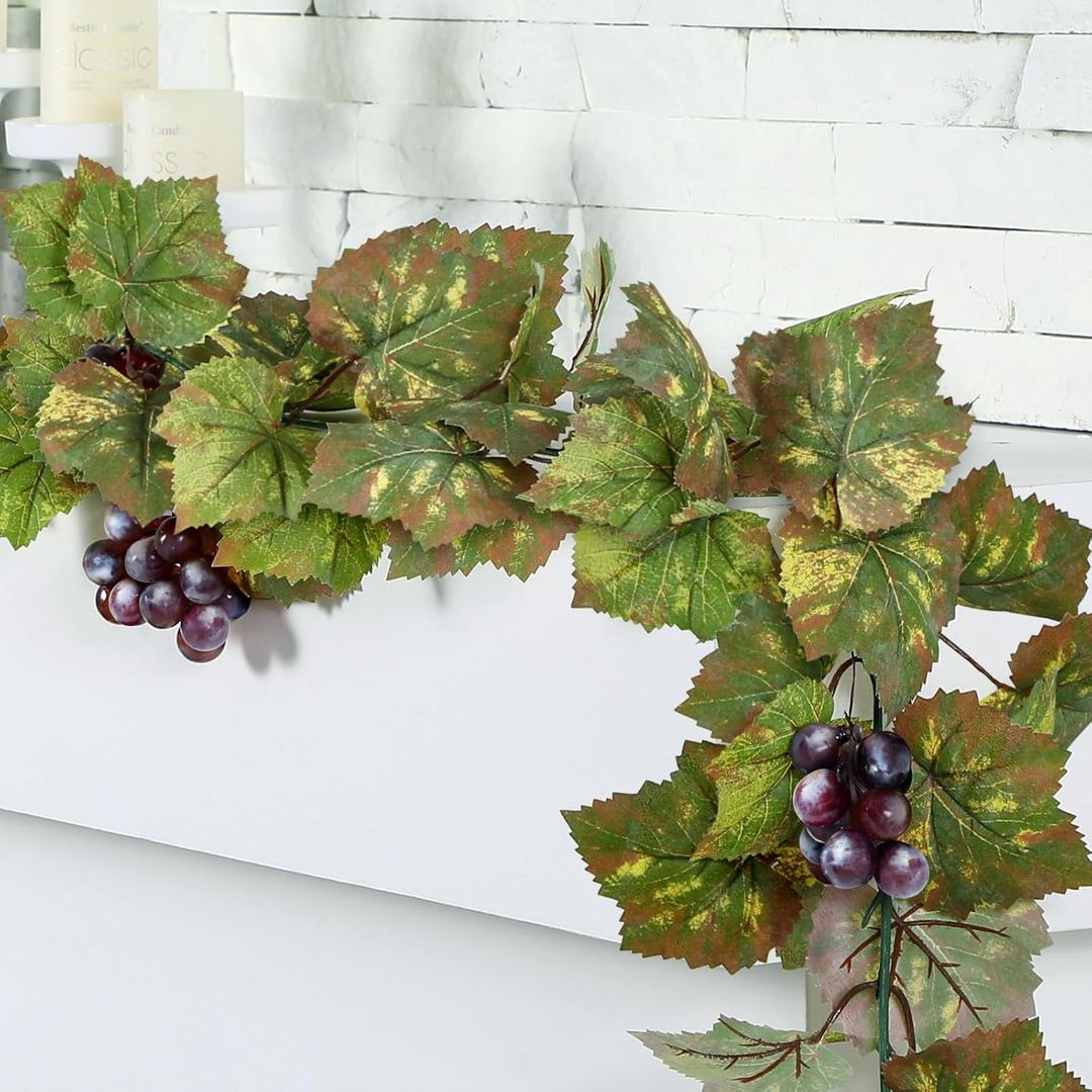 Artificial Grape Leaf Garland Vine Plant for Decoration Fake Greenery Garlands Hanging Leaves with Grapes for Wine Italian Themed Party Decor Wedding Photo Stage Favors(6.5 ft,Light Green)