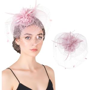 Fascinators Hats for Women, Tea Party Hat with Artificial Feather and Mesh, Vintage Lace Cocktail Headwear Veil Hair Clip (Pink)