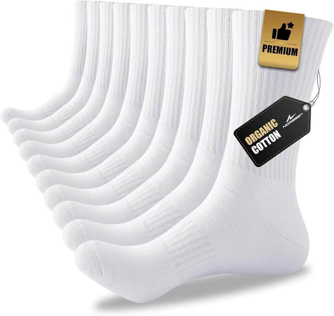 Men's Cotton Crew Work Socks, 5 Pairs Cushioned Boot Moisture Athletic Socks for Hiking Sports Running (10-13, White)