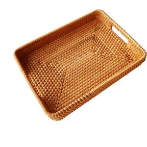 i-lan 13 Inch Handcrafted Serving Tray Rectangle Rattan Display Tray Plates with Cutout Handles and 2" Wall,Wicker Ottoman Coffee Table Decor Basket Tray Organizer Platter for Snack, Candy, Fruit,S (13.4" x 9.8" x 2")