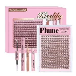 Plume Brown Lashes Natural Lash ClustersWith Invisible Band DlY Lash Extension Kit Eyelash Kit with Bond and Seal 8-16mm C Curl Beginner Individual Lashes Long lasting Makeup For Girl