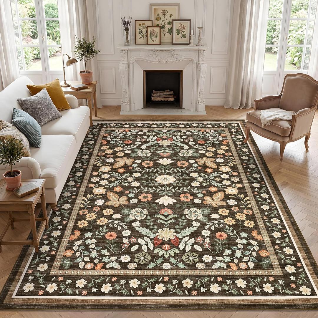 GarveeHome 10x14 Area Rugs for Bedroom Machine Washable Rugs Soft Low Pile Non-Slip Backing Stain Resistant Large Carpet for Living Room Farmhouse Dining Room Nursery Brown