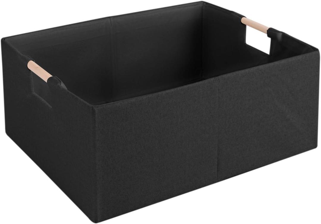 Fabric Storage Bin Box Foldable Cotton Linen Storage Basket with Wooden Handles Rectangular Cube Decorative Home Laundry Organizer Clothes Blanket Container  Black, Small