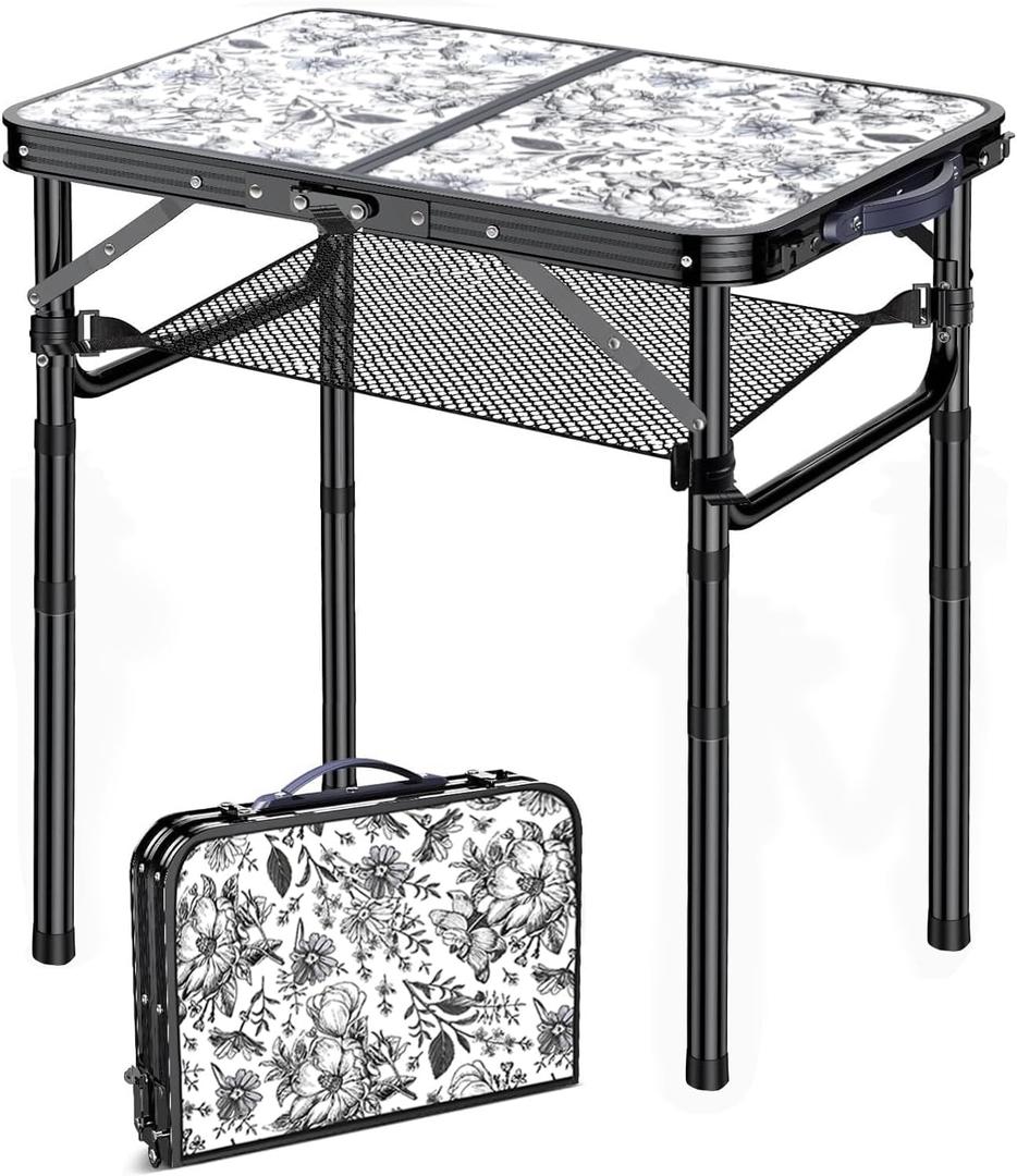 Outdoor Side Table, Portable 3 Adjustable Height Small Outdoor Folding Table, Aluminum Foldable Patio Side Tables for Outside Indoor, Plant Stand Coffee End Table for Pool, Porch,Garden, Balcony, Toile De Jouy