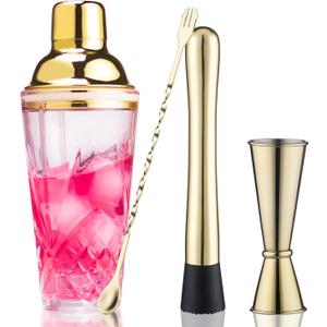Cocktail Shaker Set - Glass Mixed Drink Shakers Cocktail Set, Martini Shaker with Strainer for Bars, Whiskey, Cocktails (Gold Set)