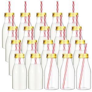 Yinkin 20 Sets Plastic Milk Bottles with Straws Lids Clear Plastic Containers for Dairy Milk Party Bottle for Juices Shakes Smoothies (8 oz,Gold Lid)