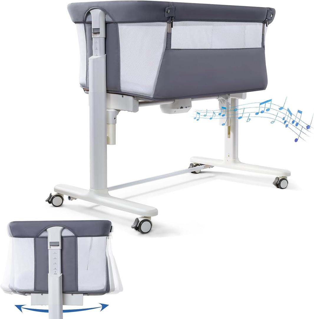 Electric Bassinet for Baby, 3 Speeds Automatic Rocking Bassinets with All mesh, 5 Height Adjustment Bedside Crib for Nweborn, 8 Music, Wheels, Light Grey, With 5 adjustable height positions ranging from 30.75" to 34.75", it’s designed to fit most bed heights