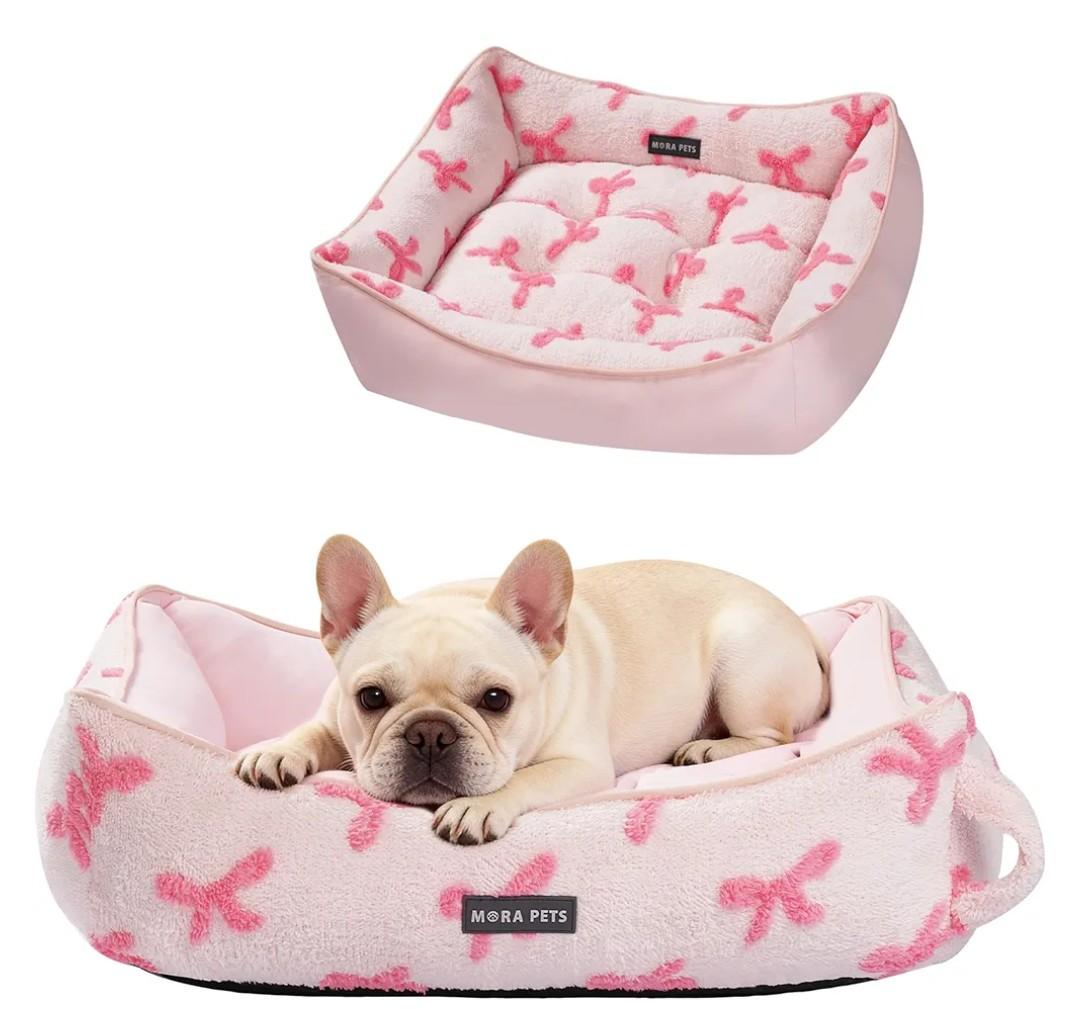 Mora Pets Reversible Dog Bed for Medium Size Dogs Washable - Cool & Warm 2-in-1 Anti Anxiety Calming Pet Bed for Summer, Rectangle Puppy Bed with Non Slip Bottom Cute Pink Bow (30''x24''x8'')