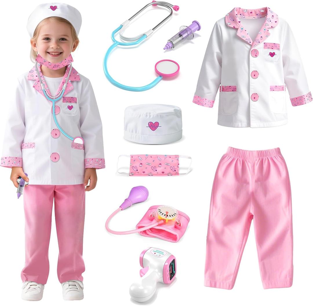 Lehoo Castle Doctor Costume for Kids, Doctor Dress Up and Play Set 8 PCS with Stethoscope, Role Play Costume for Toddlers 4-6 (Pink)
