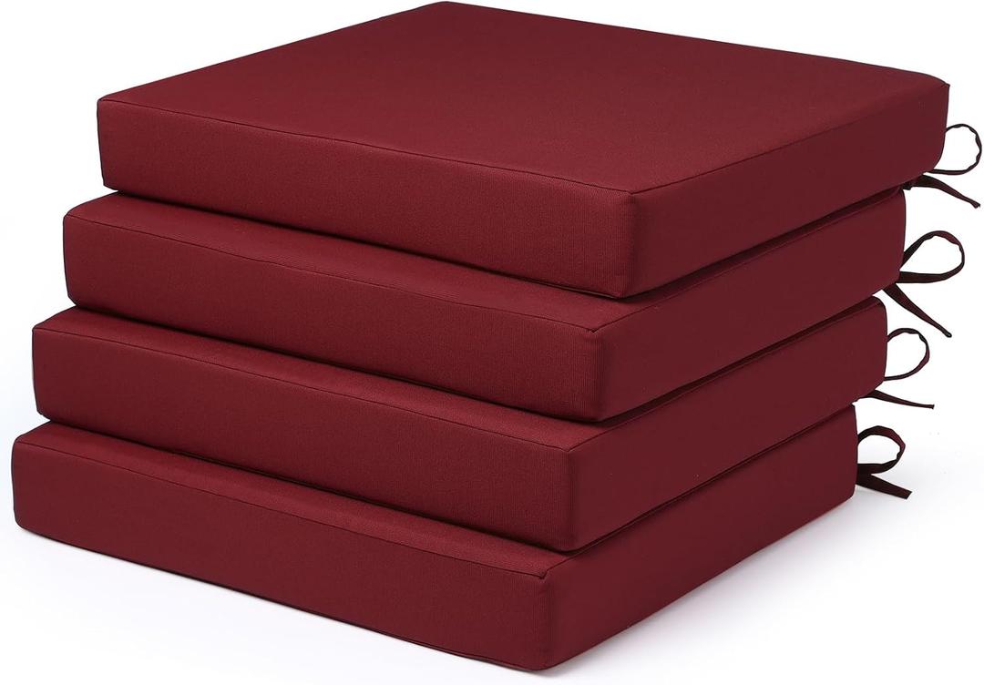 Outdoor Chair Cushions Set of 4 Fade Water Resistant, Patio Furniture Cushions with Non-Slip Ties,Square Cushions for Outdoor Furniture and Lawn Dining Chairs, 18.5 x 16 x 3, Burgundy