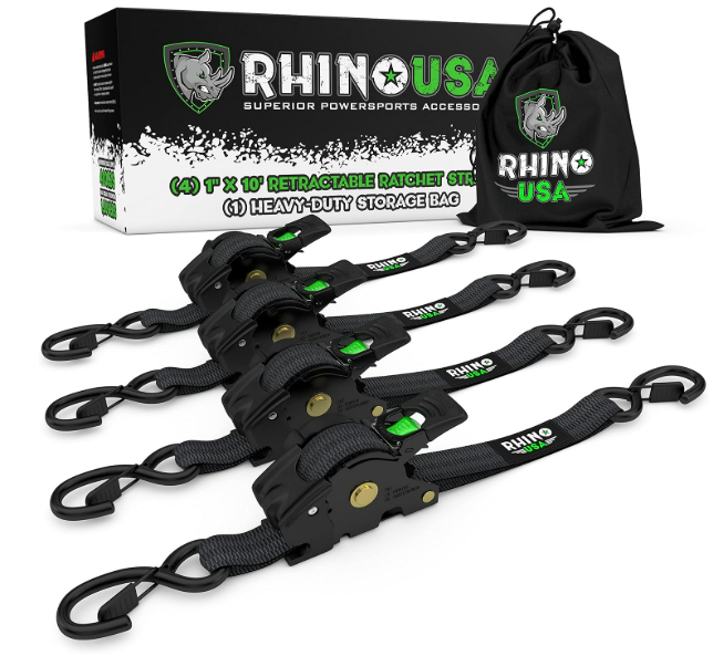 Rhino USA Retractable Ratchet Straps (7-Pack) - 1 Inch x 10 Feet (1,209lb Break Strength) - Heavy Duty Auto Self Retracting Tie Down Straps for Truck, Cargo Trailer, Motorcycle, Rad & More -2 are Red, 1 is Blue, 4 are Black