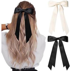 2PCS Hair Bows Hair Clip Beige Black Hair Ribbon Ponytail Holder Accessories Slides Metal Clips Hair Bow for Women Girls Toddlers Teens Kids