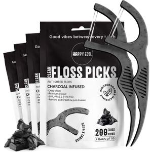 Dental Floss Picks for Teeth (200ct) - Double Thread Tooth Picks Flossers for Adults, Toothpicks Floss, Vegan Corn-Straw Handle, Shred-Resistant String for Interdental Oral Care & Gum Health, Charcoal, 2 Pack