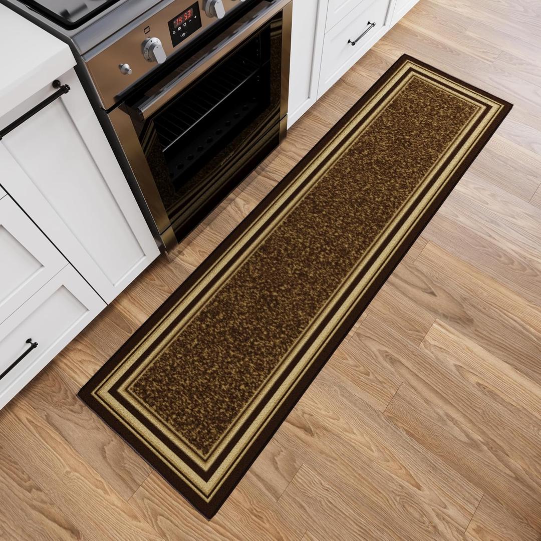 Ottomanson Runner Rug 1'10" x 6' Non Slip Rubber Backed Kitchen Rug for Sink Area, Hallway Carpet Runner, Low Pile Indoor Runner Rug for Laundry Room and Entryway, Border Brown