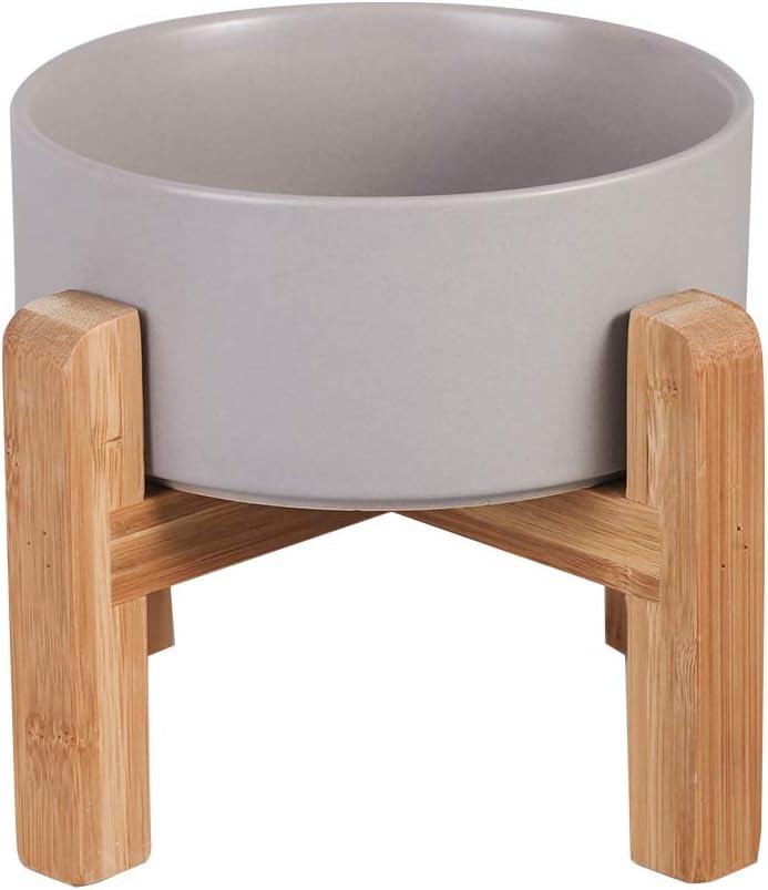 Ceramic Elevated Raised Cat Bowl with Wood Stand No Spill Pet Food Water Feeder Cats Small Dogs (Medium, Grey)