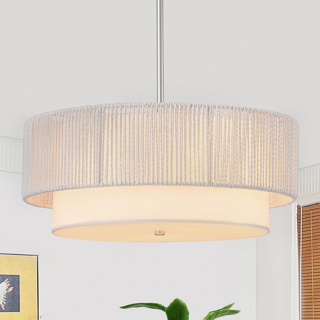 Rattan Farmhouse Chandeliers, Rattan Pendant Light Fixture, Boho Light Fixtures for Bedroom Dining Room Foyer Kitchen Hallway | Fabric Shade | Bulbs Not Included | White, 18inch