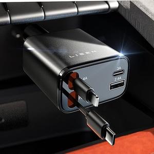 LISEN Retractable Car Charger, 69W USB C Car Accessories Adapter for iPhone 16 USB C Charger Fast Charging, Toyota Tacoma Accessories, Travel Essentials Gifts for Women Men, for iPhone 16 Pro Max 15 (Black)