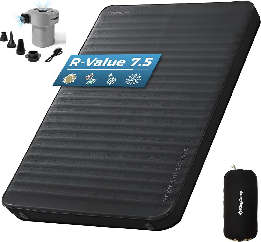 KingCamp PREMIUM DOUBLE Self Inflating Sleeping Pad with Air Pump, 7.5 R-Value Air & Foam Camping Mattress 2 Person, 3" Thick Full Size Double Insulated Sleeping Pad for Car Camp Tent, PVC Free, Black