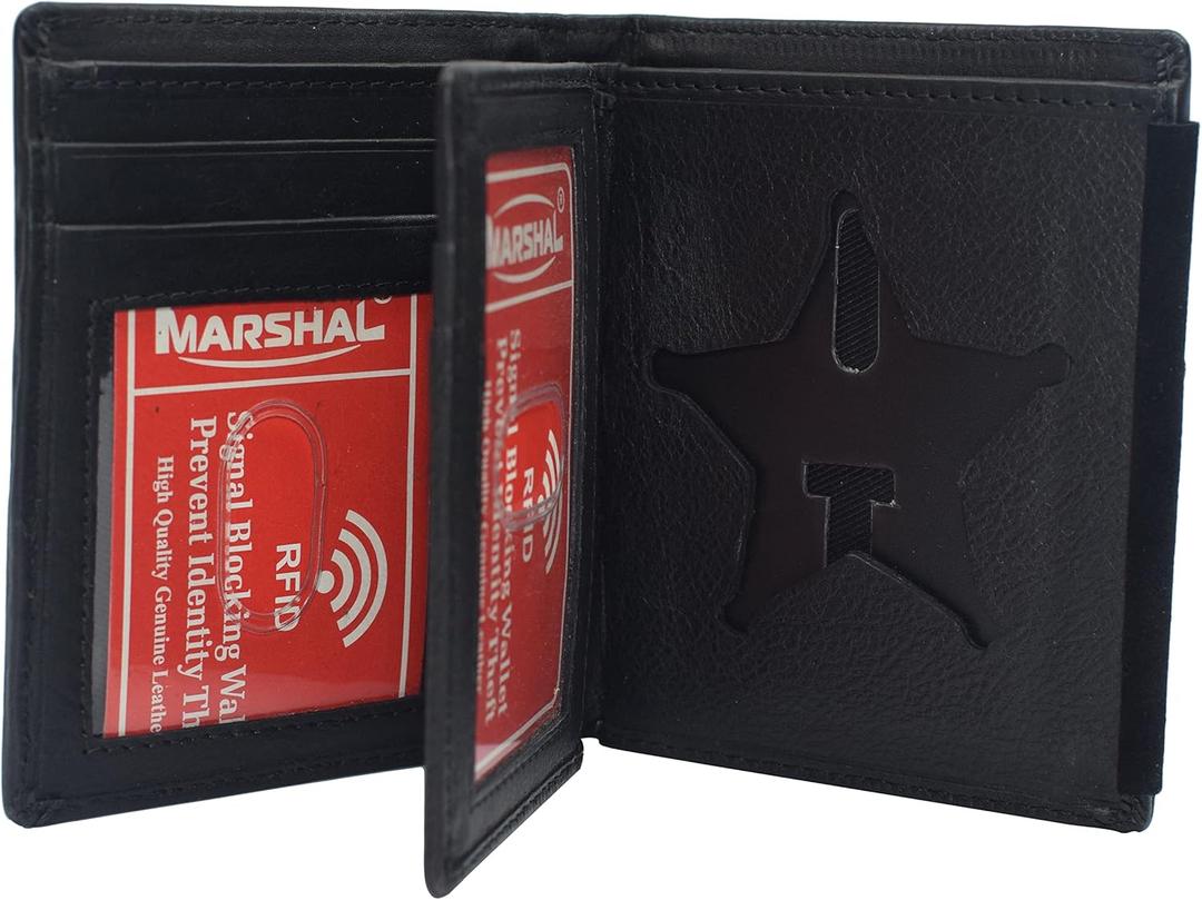 MARSHAL Genuine Leather RFID Blocking Five-point Star Hidden Badge Holder Wallet