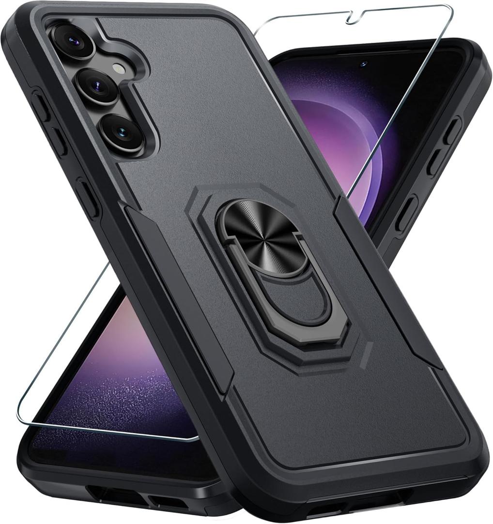 Janmitta Compatible with Samsung Galaxy S24/S25 Case with Screen Protector Tempered Glass,Heavy Duty Shockproof Full Body Phone Cover Built in Metal Ring Holder Kickstand,2025 Black Matte (for Samsung S24/S25)