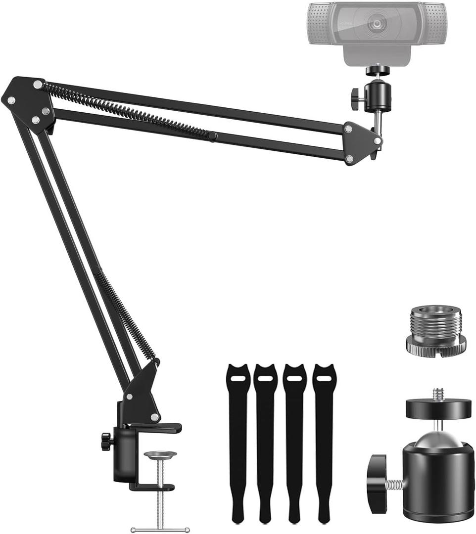 Webcam Stand, Boom Arm Camera Mount Stand for Logitech Webcam BRIO 4K C920 C920S C922 C922x C925e C930 NexiGo N60, 1/4"-3/8" and 3/8"-5/8" Screw for Blue Yeti Snowball Yeti Nano and Other Mics