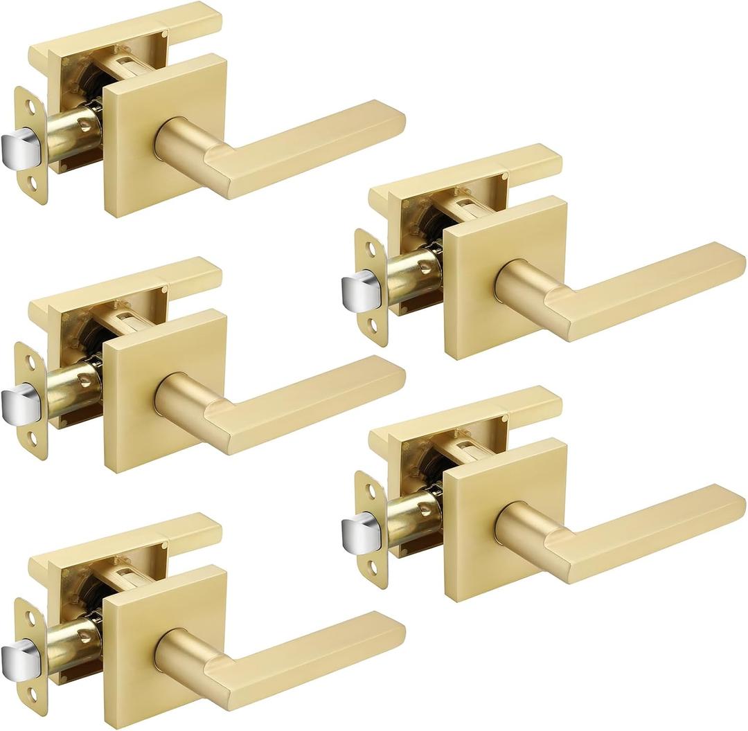 Haidms Gold Closet Door Handles, Brushed Gold Passage Door Handles, Zinc Alloy Brushed Brass Door Handles Interior for Closet, Hallway, Heavy Duty Modern Square Interior Door Handles (5 Pack)