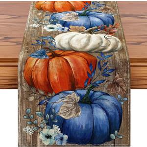 Artscope Pumpkins Eucalyptus Leaves Fall Table Runner,Autumn Seasonal Kitchen Dining Table Decoration for Fall Home Decor 13x120 Inch-Wood