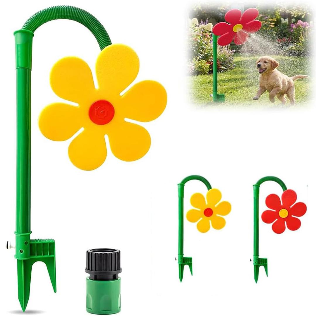 Crazy Daisy Sprinkler, 360 Rotating Dancing Sunflower Water Sprinkler for Lawn & Yard Garden Irrigation, Funny Automatic Swing Flower Sprinkler for Outdoor Plants Watering, Dogs Playing (Red)