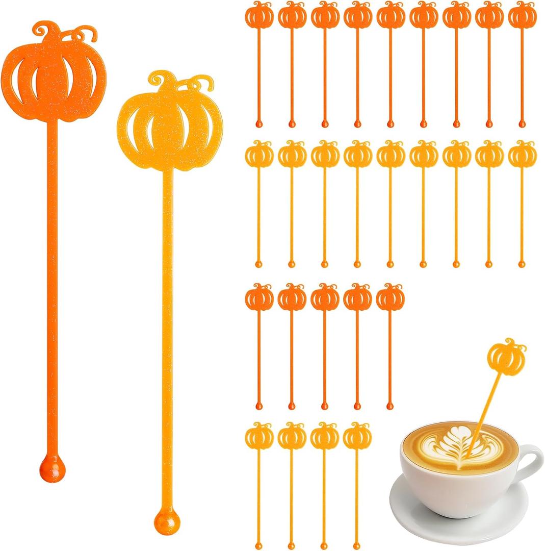 2 x 30 Pcs Halloween Pumpkin Swizzle Sticks Glitter Coffee Drink Stirrers for Fall Thanksgiving Hot Cocoa Bar Supplies Bar Decoration Reusable Cocktails MixersPumpkin