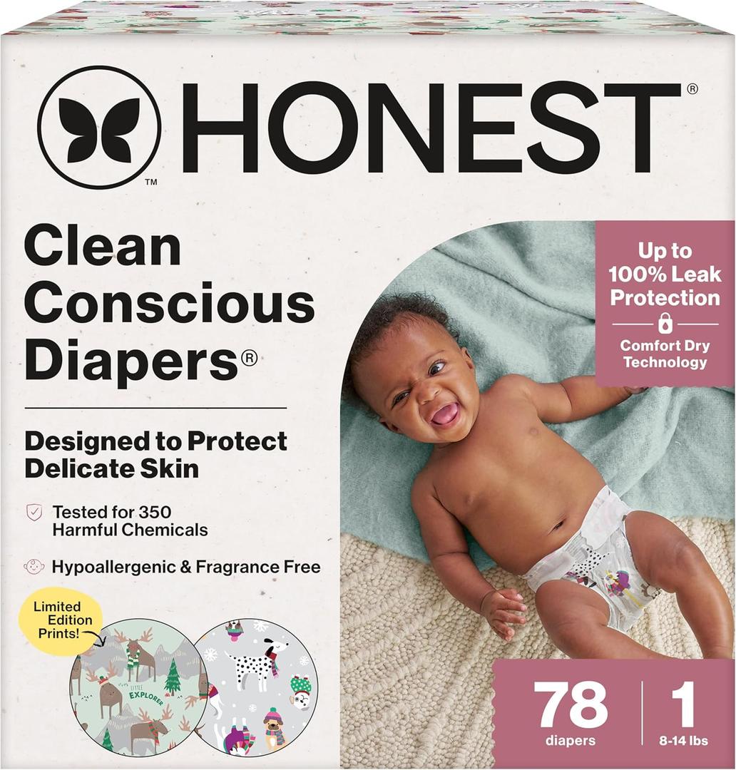 The Honest Company Clean Conscious Diapers for Delicate Skin | Up to 100% Leakproof | Hypoallergenic, Fragrance Free | Winter '25 Limited Edition Prints | Club Box, Size 1 (8-14 lbs), 78 Count (Adorably A-moosing + Winterwear Wags)