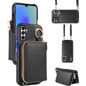 Wallet Case for Samsung Galaxy A34 5G with Shoulder Strap Ring Buckle, Luxury PU Leather Zipper Flip Organ Purse Credit Card Holder Stand Full Body Cell Phone Cover for A 34 34A Women Men Black